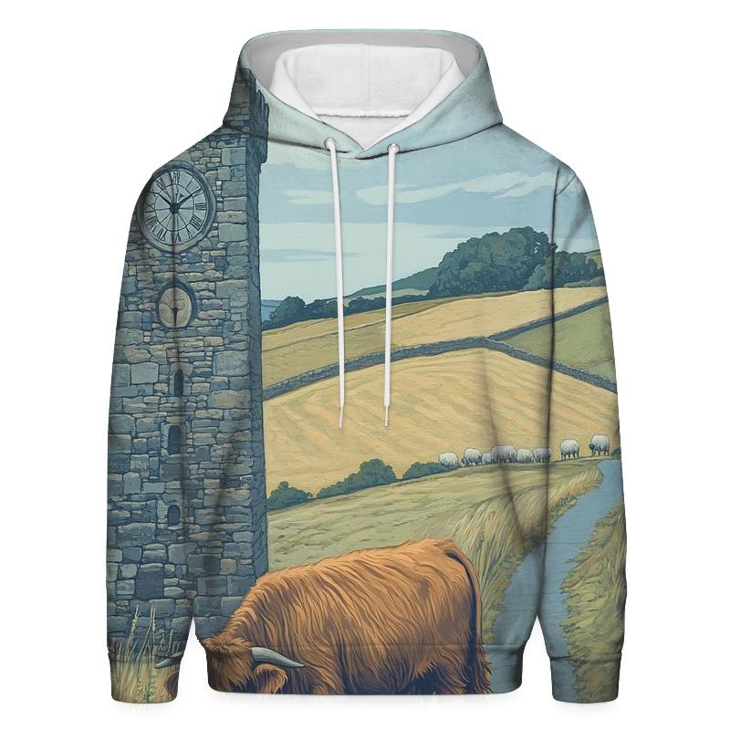 Highland Cow Timekeeper At The Standing Clock printed hoodies