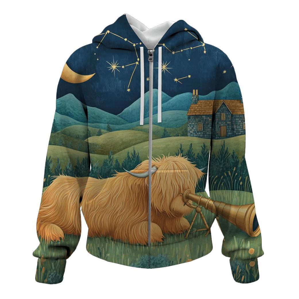 Stargazing Highland Cow Over The Moonlit Glen graphic hoodies