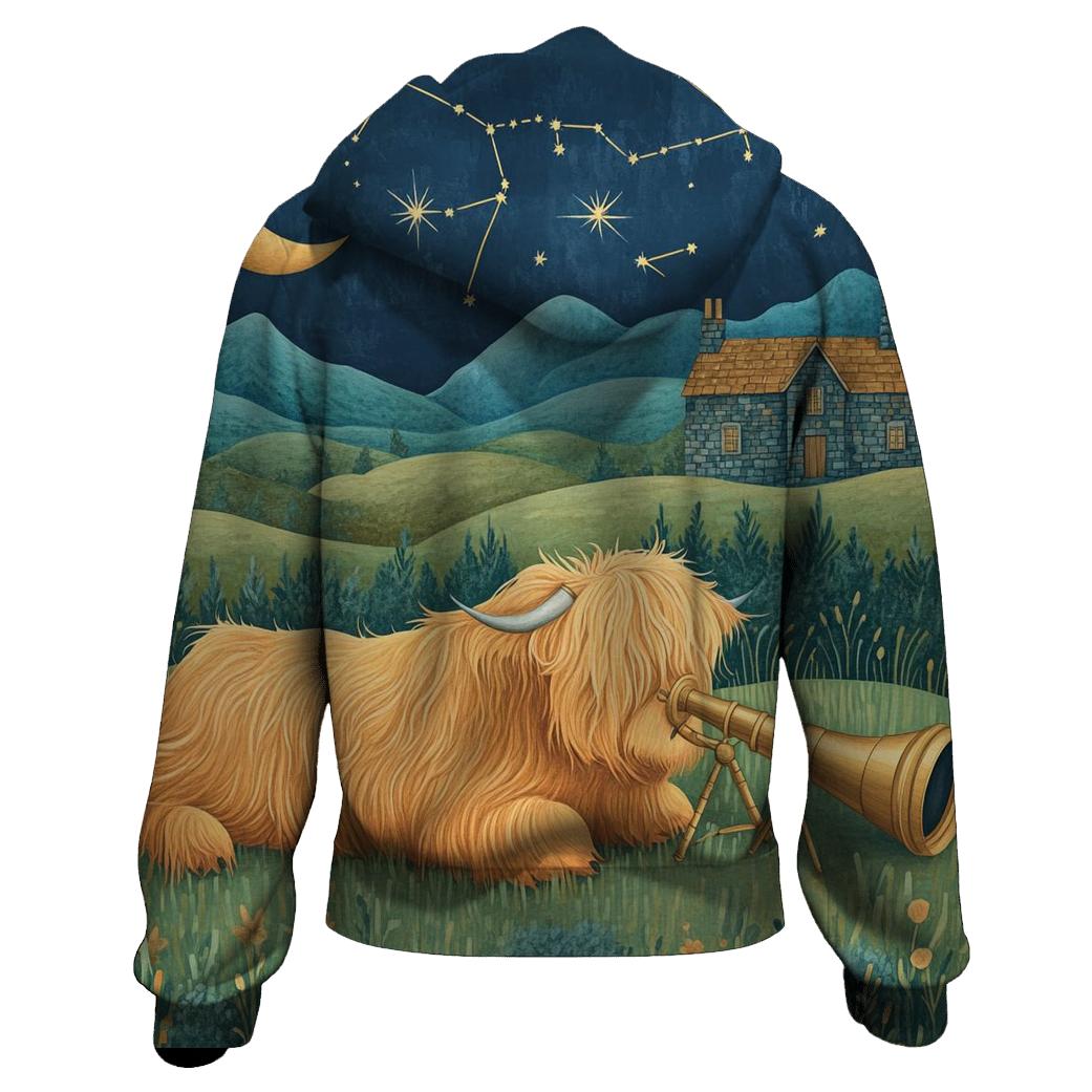 Stargazing Highland Cow Over The Moonlit Glen graphic hoodies