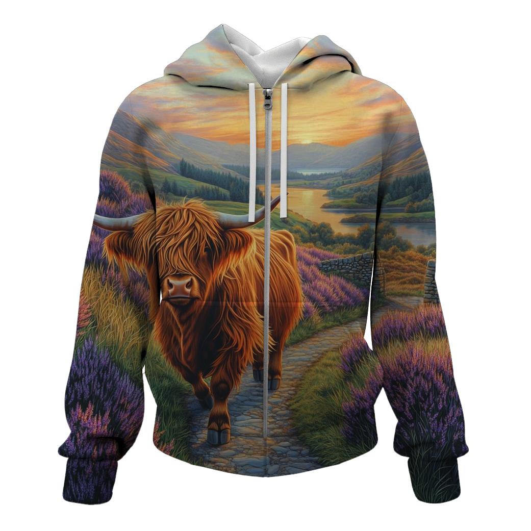 Morning Heather Path For A Highland Cow Wanderer premium hoodies