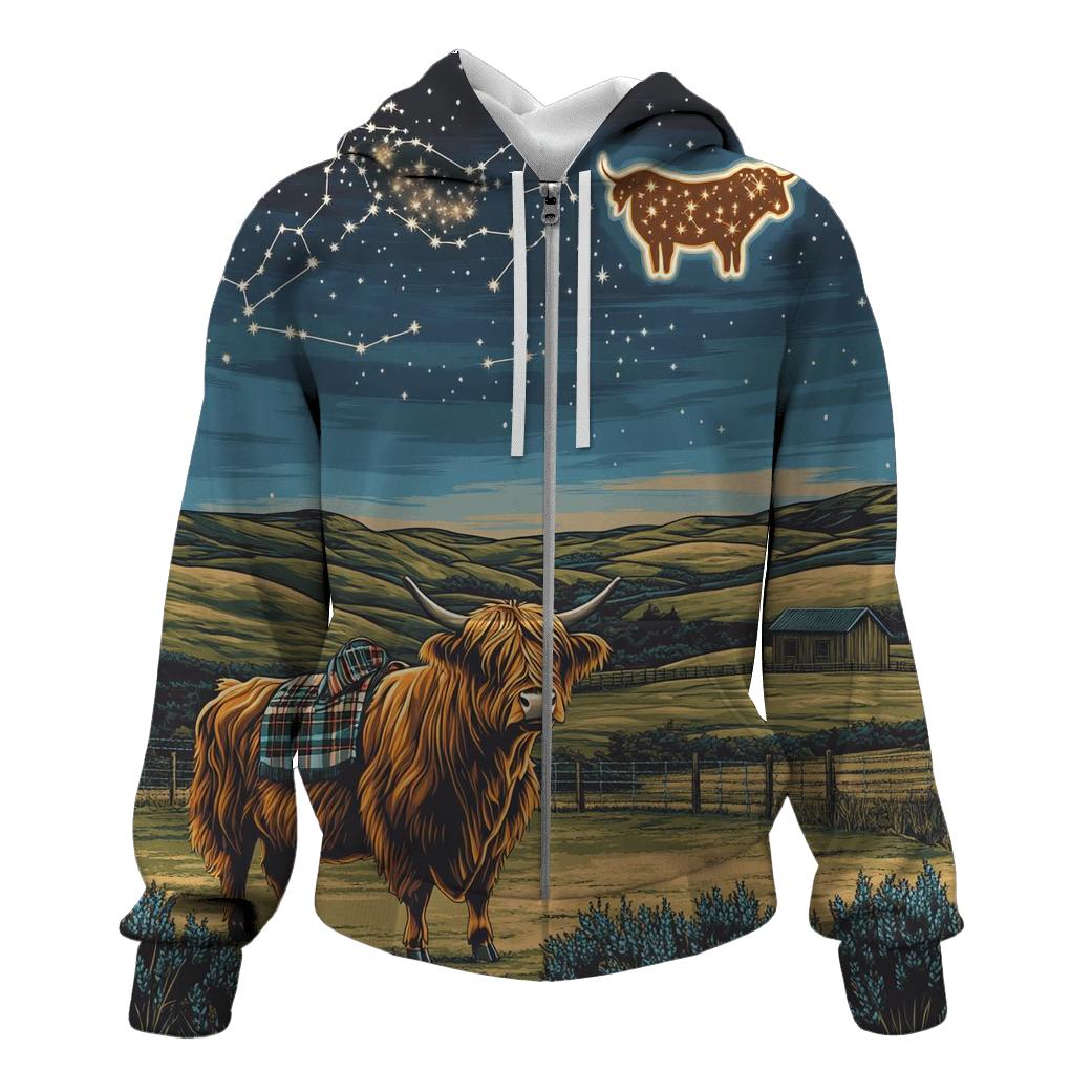 Highland Cow Constellation Over Crofters Field printed hoodies