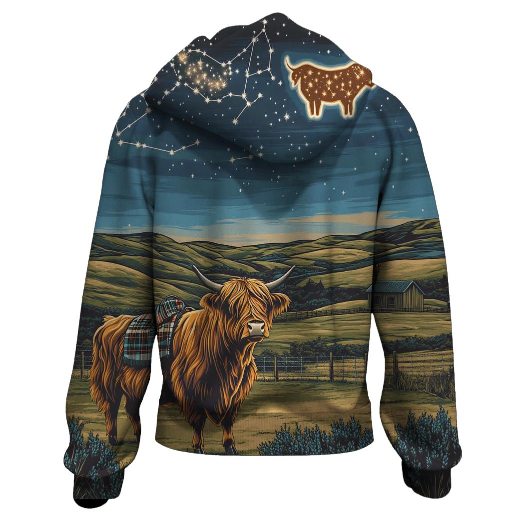 Highland Cow Constellation Over Crofters Field printed hoodies