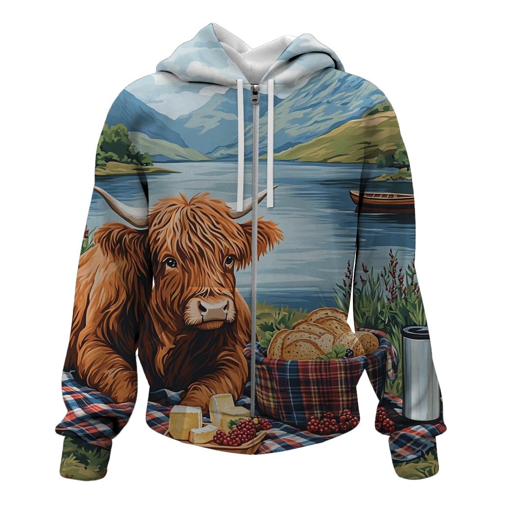 Lochside Picnic With Highland Cow Friend hoodie styles