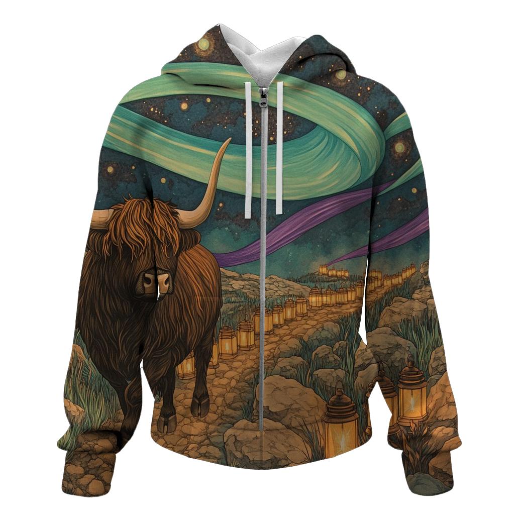 Aurora Trail Highland Cow Trek premium hoodies