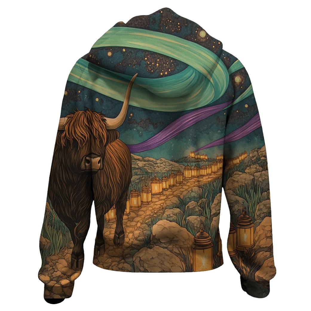 Aurora Trail Highland Cow Trek premium hoodies