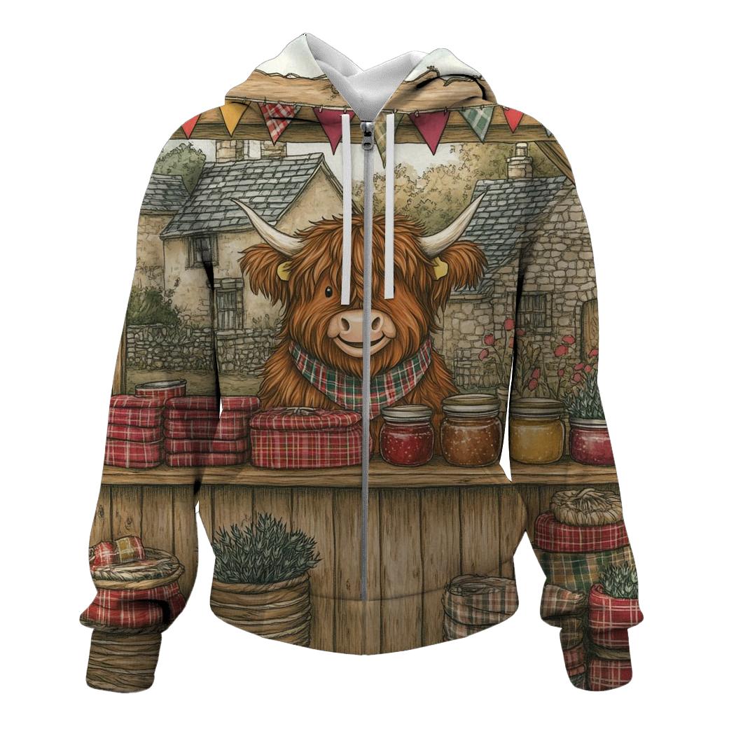 Tartan Market Day With Highland Cow Vendor zip-up hoodies