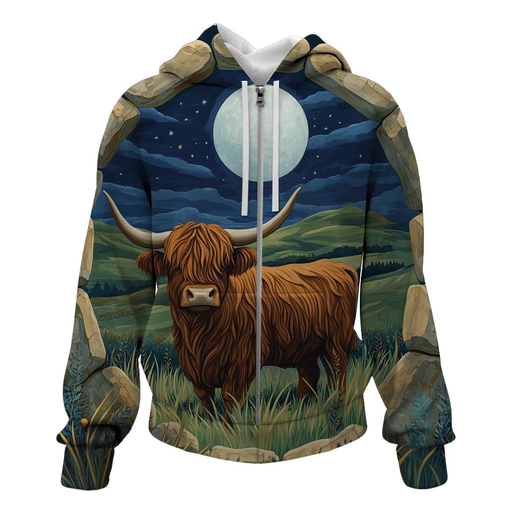 Moonlit Stone Circle Highland Cow Watcher printed hoodies