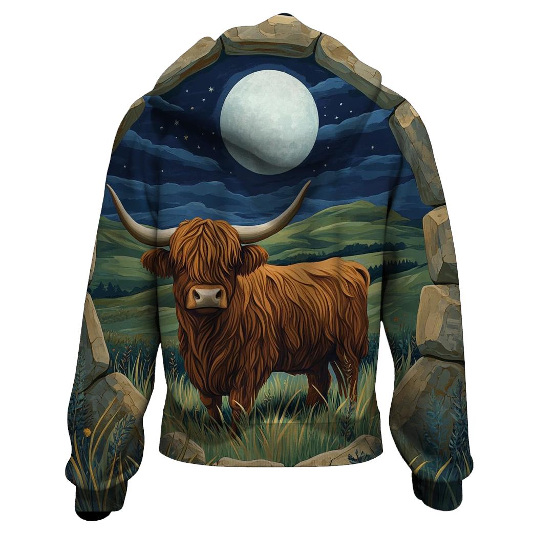 Moonlit Stone Circle Highland Cow Watcher printed hoodies