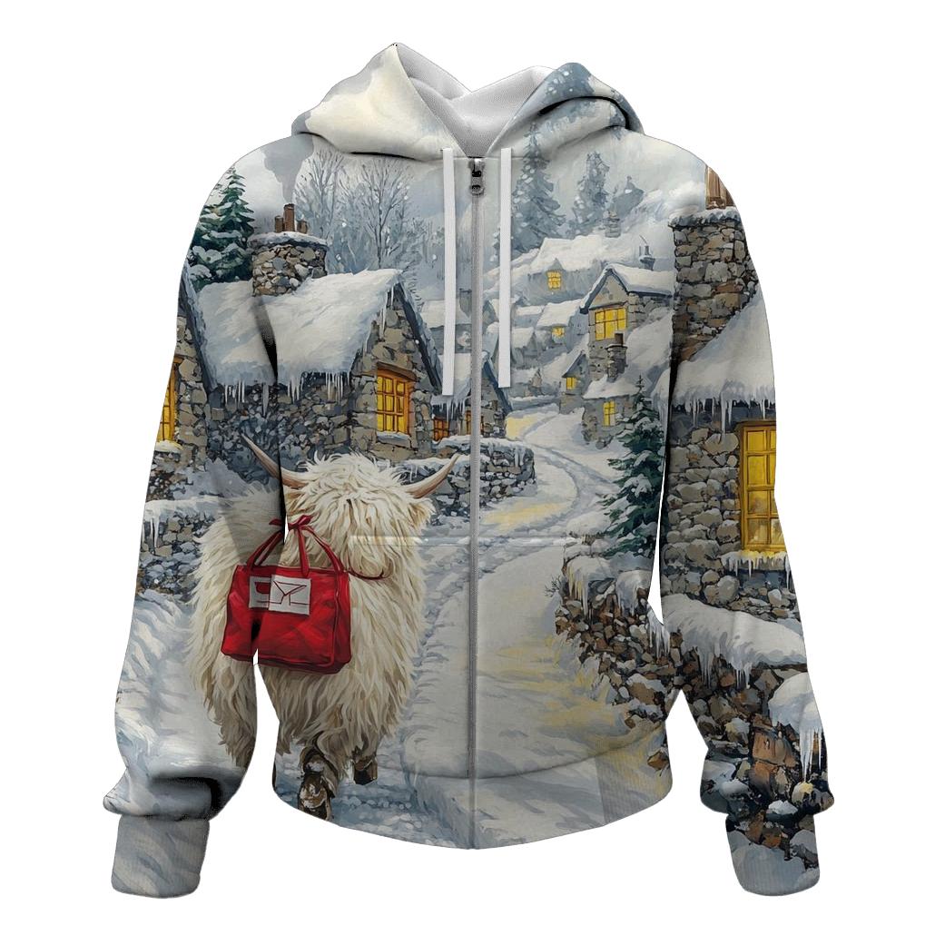 Snowy Village Highland Cow Postie designer hoodies