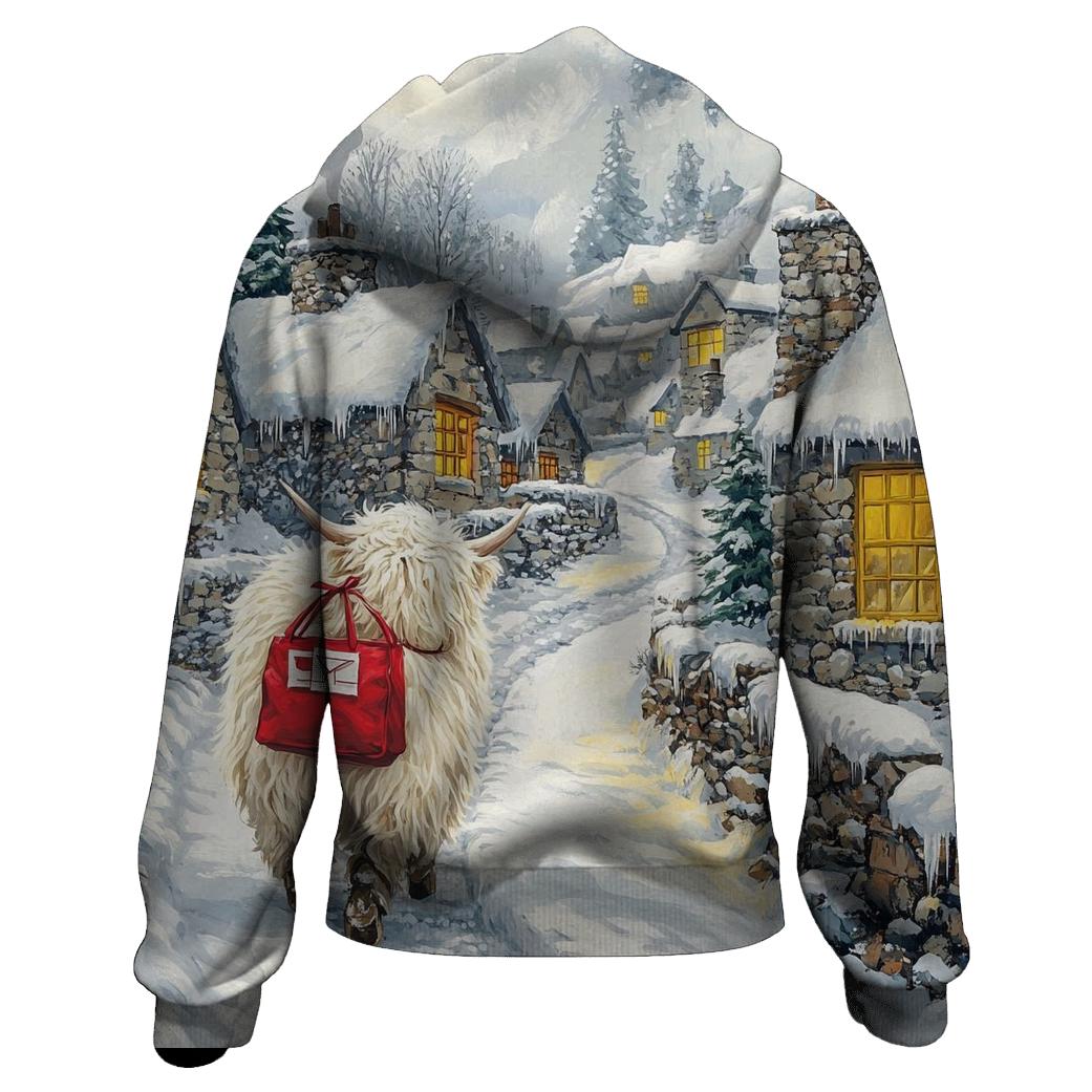 Snowy Village Highland Cow Postie designer hoodies
