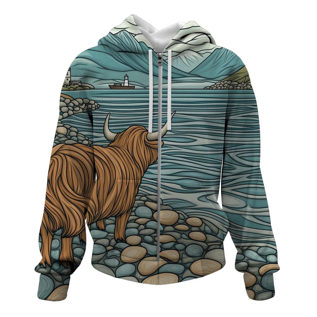 Pebble Shore Highland Cow Tide Watch hoodie designs