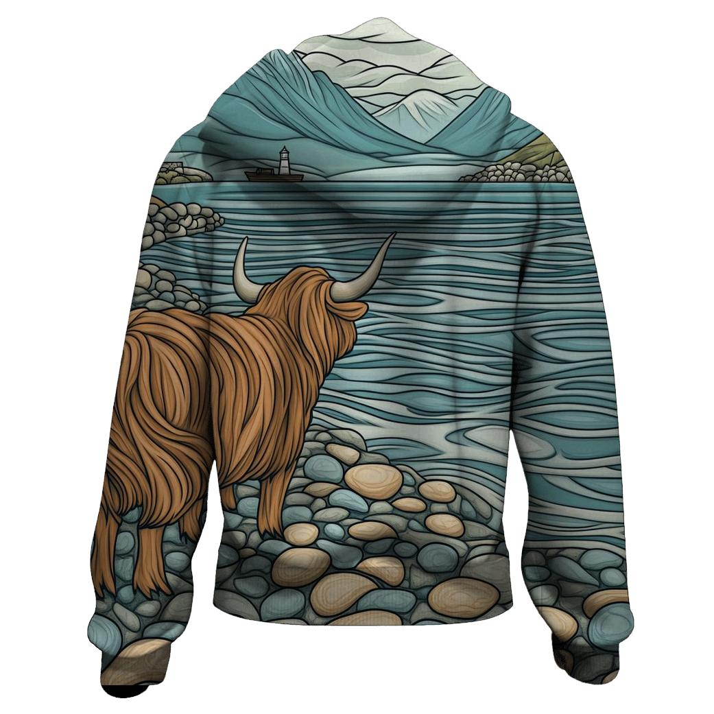 Pebble Shore Highland Cow Tide Watch hoodie designs