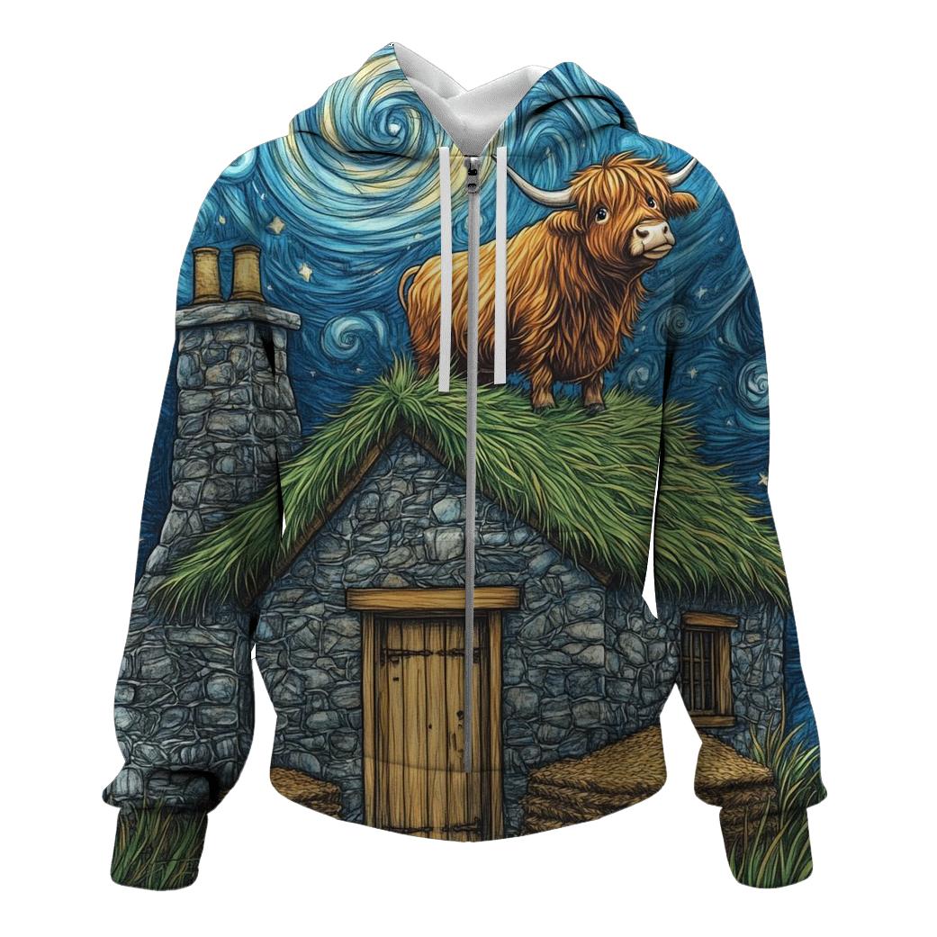 Highland Cow Stargazer On Crofthouse Roof premium hoodies