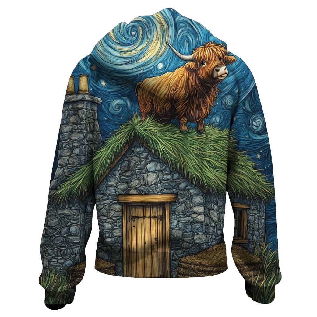 Highland Cow Stargazer On Crofthouse Roof premium hoodies
