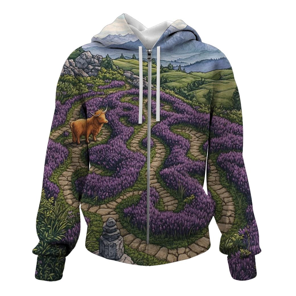 Heather Maze Highland Cow Explorer printed hoodies