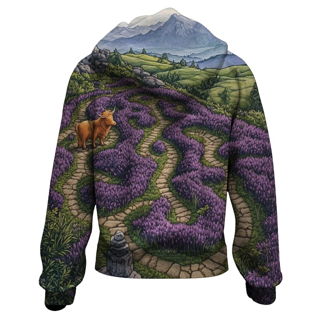 Heather Maze Highland Cow Explorer printed hoodies
