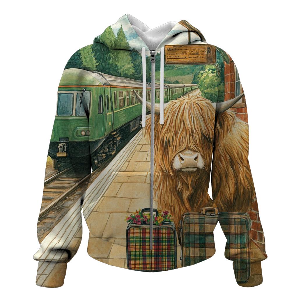 Railway Platform Highland Cow Commuter hoodie styles