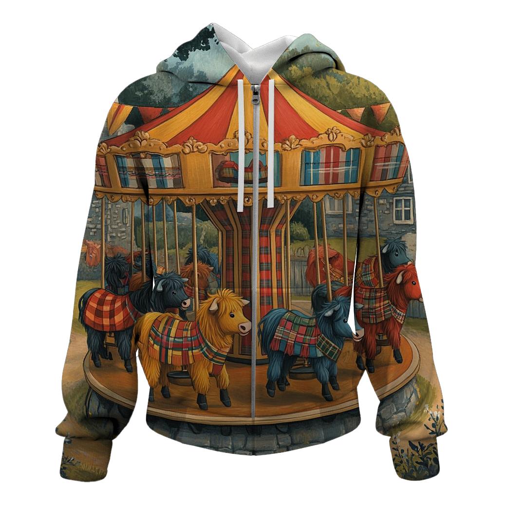 Village Fairground Highland Cow Carousel printed hoodies