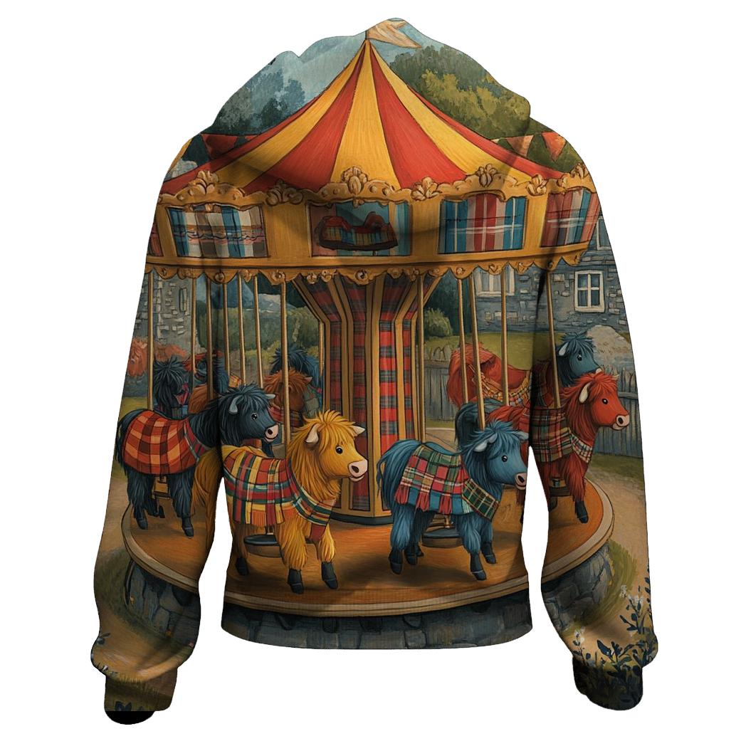 Village Fairground Highland Cow Carousel printed hoodies