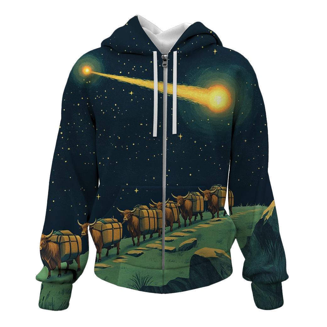 Comet Crossing With Highland Cow Caravan pullover hoodies
