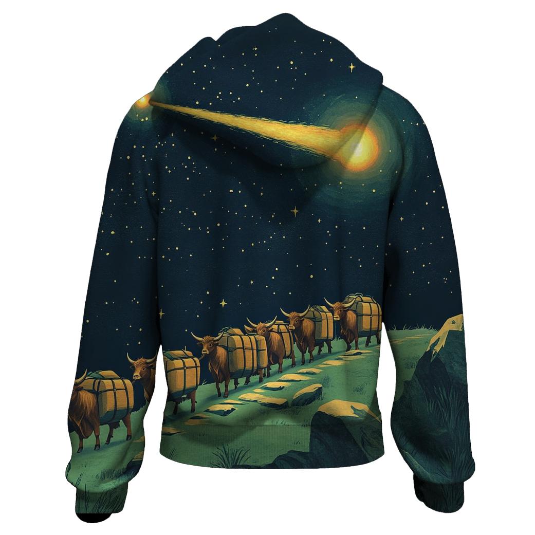 Comet Crossing With Highland Cow Caravan pullover hoodies