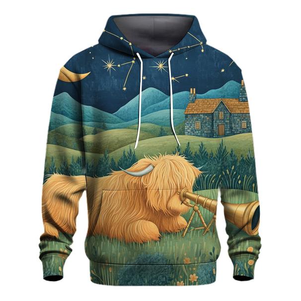 Stargazing Highland Cow Over The Moonlit Glen zip-up hoodies