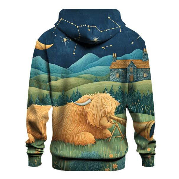 Stargazing Highland Cow Over The Moonlit Glen zip-up hoodies