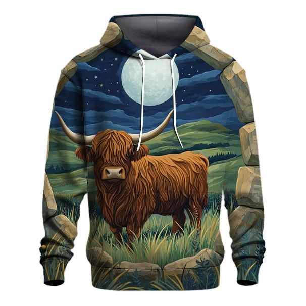 Moonlit Stone Circle Highland Cow Watcher heavyweight hoodies