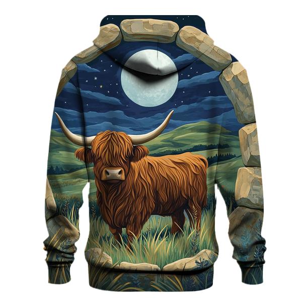 Moonlit Stone Circle Highland Cow Watcher heavyweight hoodies