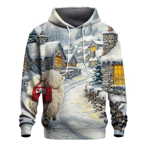 Snowy Village Highland Cow Postie hoodie designs
