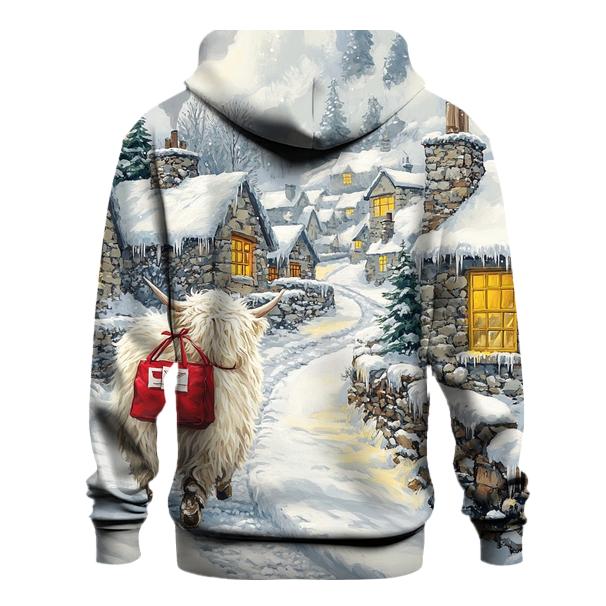Snowy Village Highland Cow Postie hoodie designs