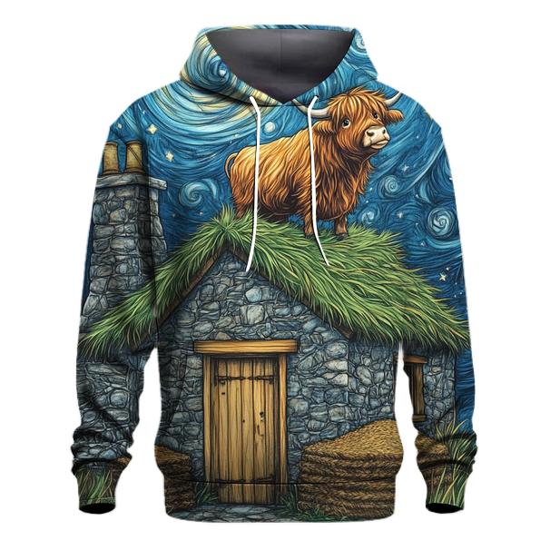 Highland Cow Stargazer On Crofthouse Roof hoodie designs