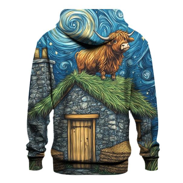 Highland Cow Stargazer On Crofthouse Roof hoodie designs
