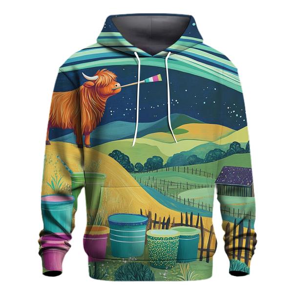 Highland Cow Painter Of The Aurora Skies premium hoodies