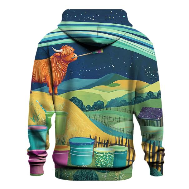 Highland Cow Painter Of The Aurora Skies premium hoodies
