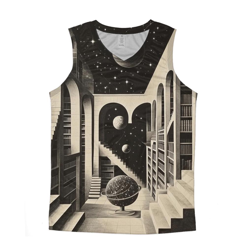 MC Escher Inspired Cosmic Library Staircase cotton sleeveless tops
