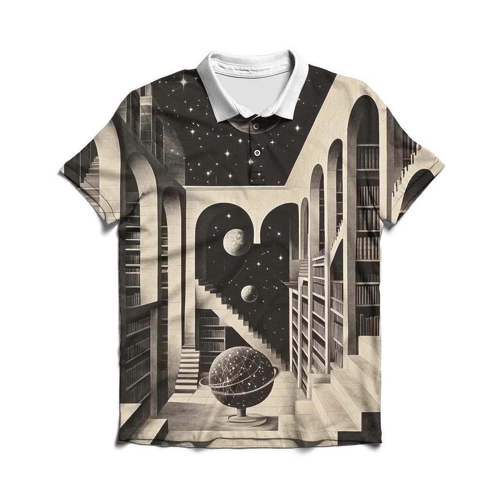 MC Escher Inspired Cosmic Library Staircase stylish collar polo tees
