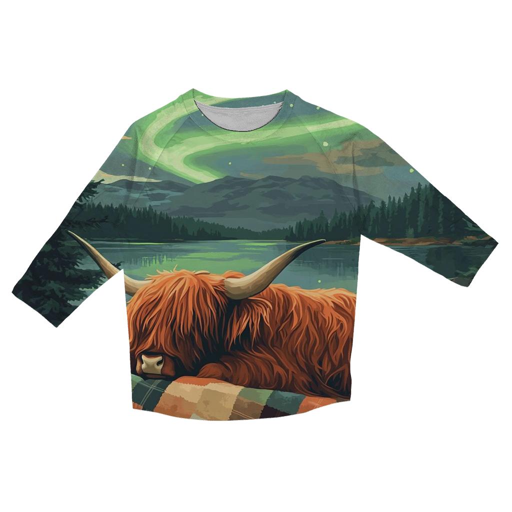 Highland Cow Under Aurora Quilts printed three quarter sleeve shirts