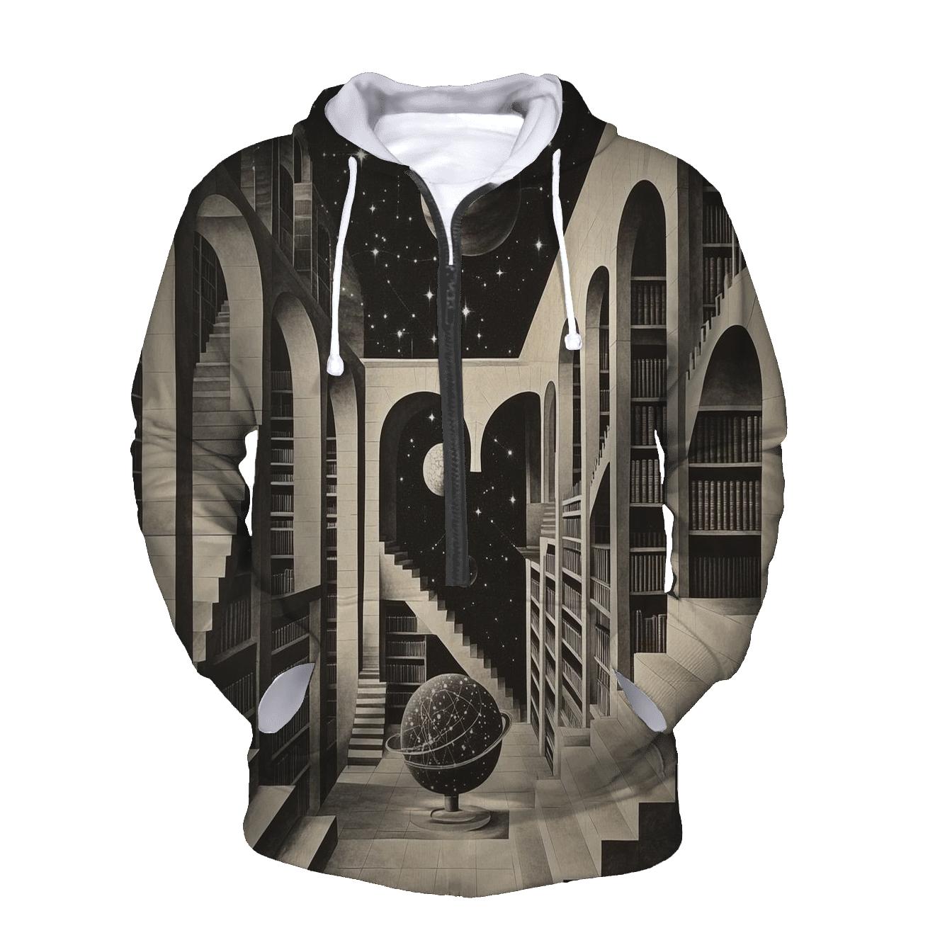MC Escher Inspired Cosmic Library Staircase graphic hoodies