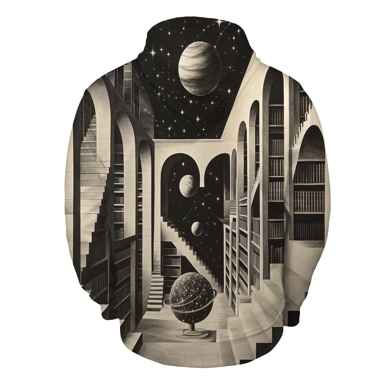 MC Escher Inspired Cosmic Library Staircase graphic hoodies