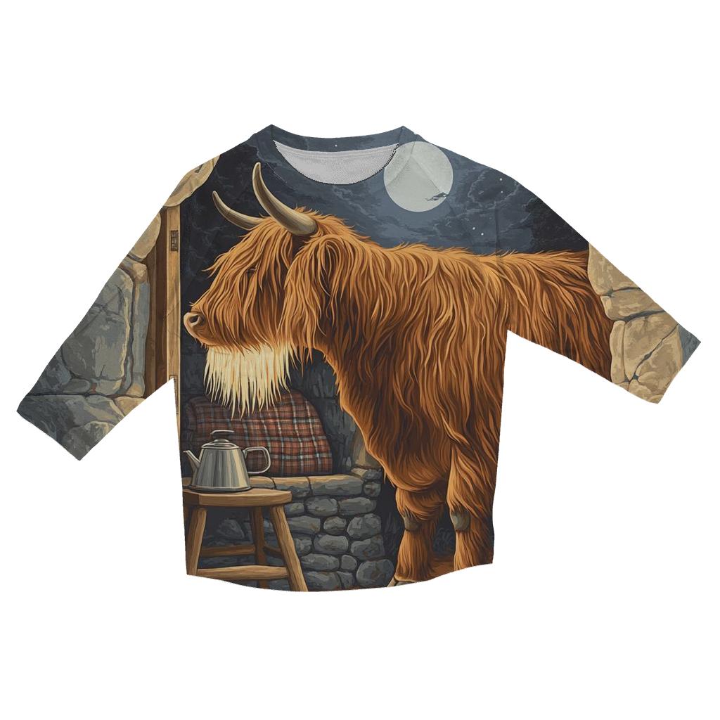 Highland Cow In Moonlit Bothy casual three quarter sleeve shirts