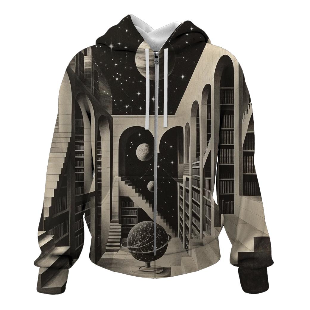 MC Escher Inspired Cosmic Library Staircase graphic hoodies