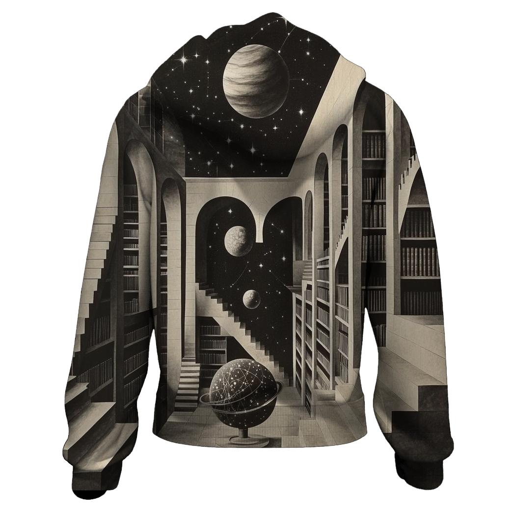 MC Escher Inspired Cosmic Library Staircase graphic hoodies