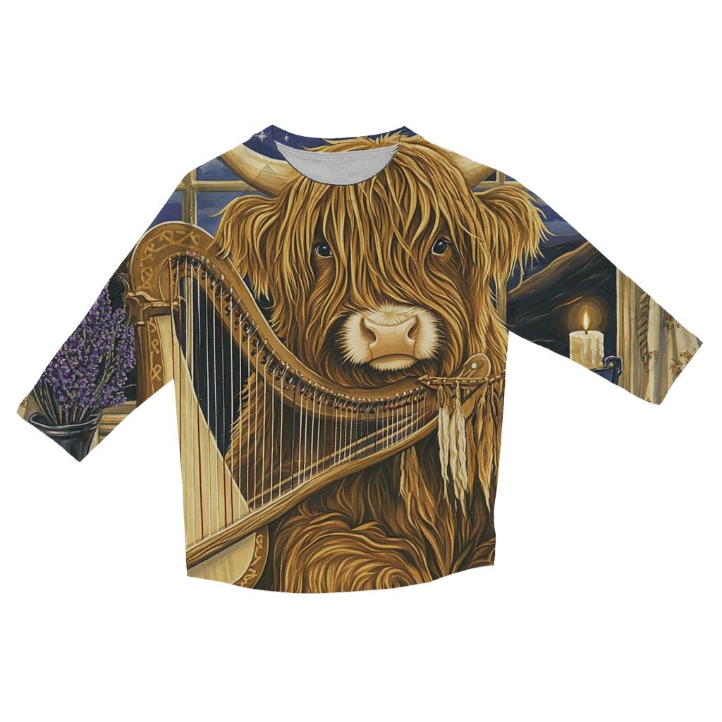 Highland Cow Celestial Harp casual three quarter sleeve shirts