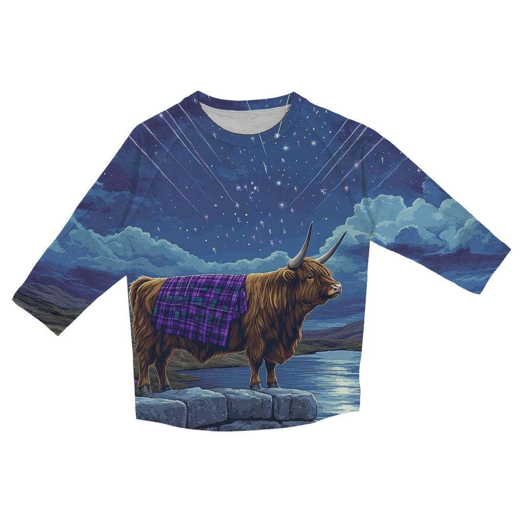 Highland Cow Stargazer On The Wall printed three quarter sleeve shirts