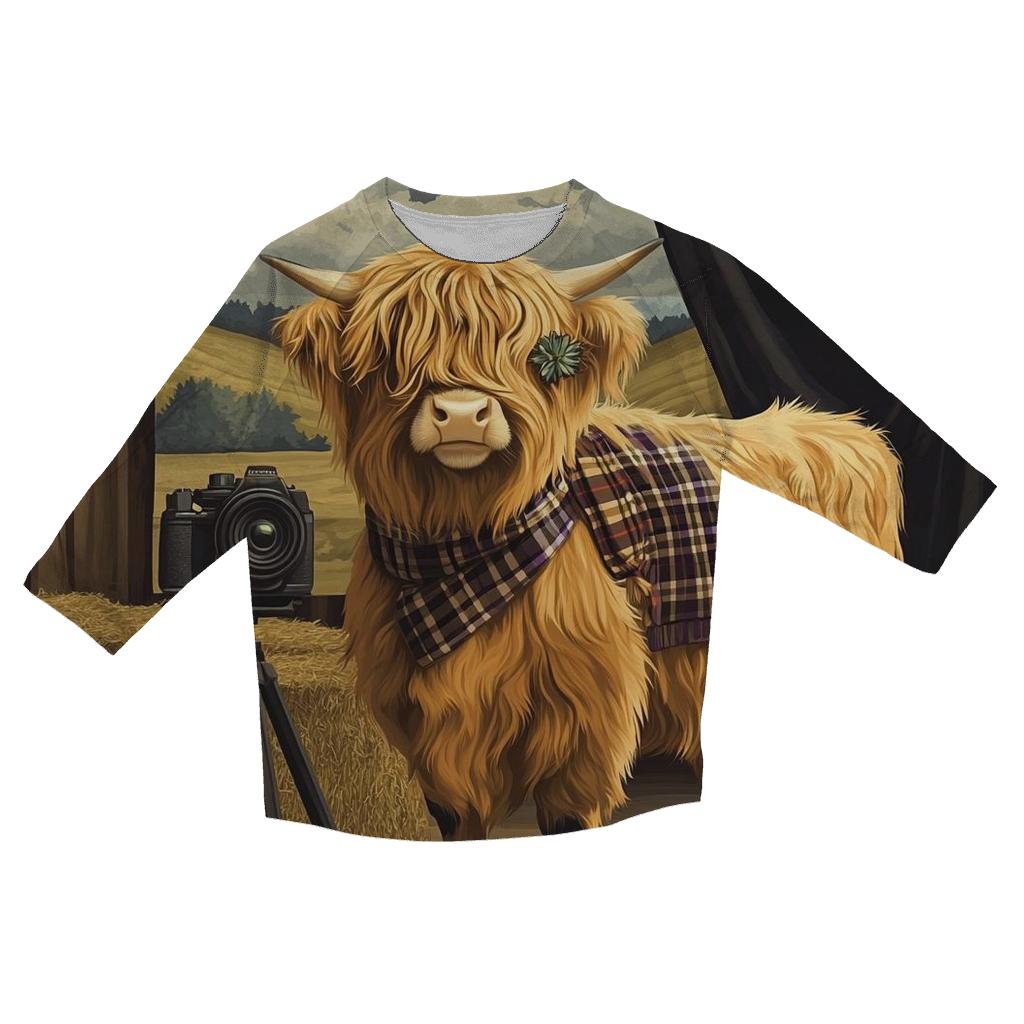 Highland Cow Vintage Camera Session printed three quarter sleeve shirts
