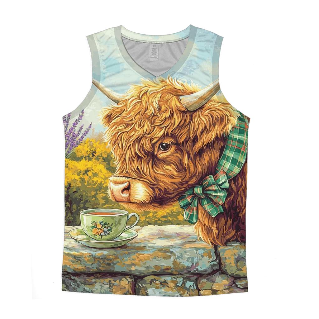 Tea Garden With Highland Cow Charm stylish racerback tanks