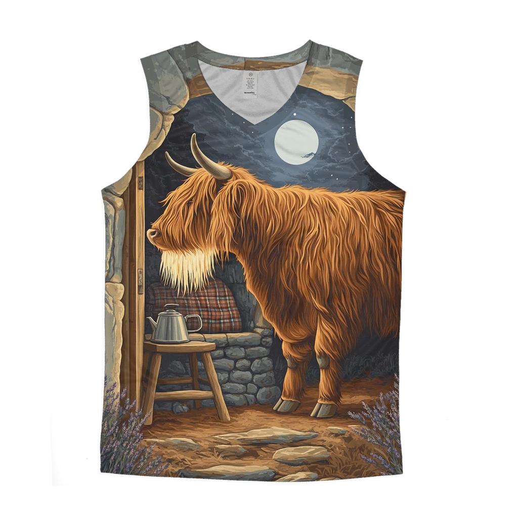 Highland Cow In Moonlit Bothy casual summer tank tops