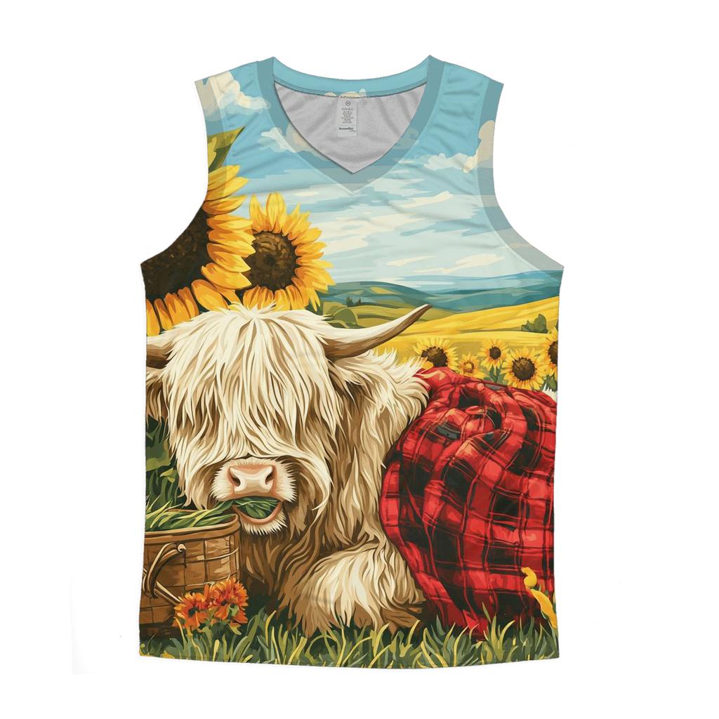 Highland Cow Sunflower Field Picnic designer workout tanks