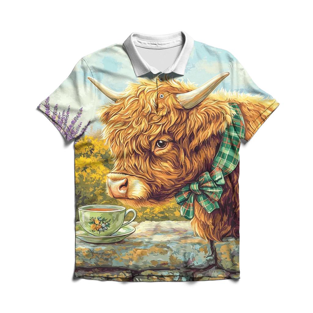 Tea Garden With Highland Cow Charm designer slim fit polos
